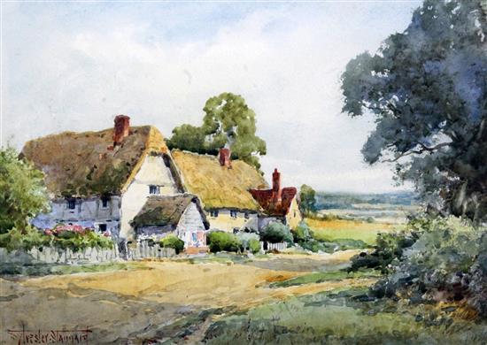 Henry Sylvester Stannard (1870-1951) Thatched cottages in a landscape, 10 x 14.5in.